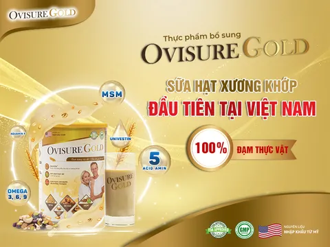 Hộp sữa hạt xương khớp Ovisure Gold màu vàng trắng với hình ảnh hạt óc chó và xương khớp