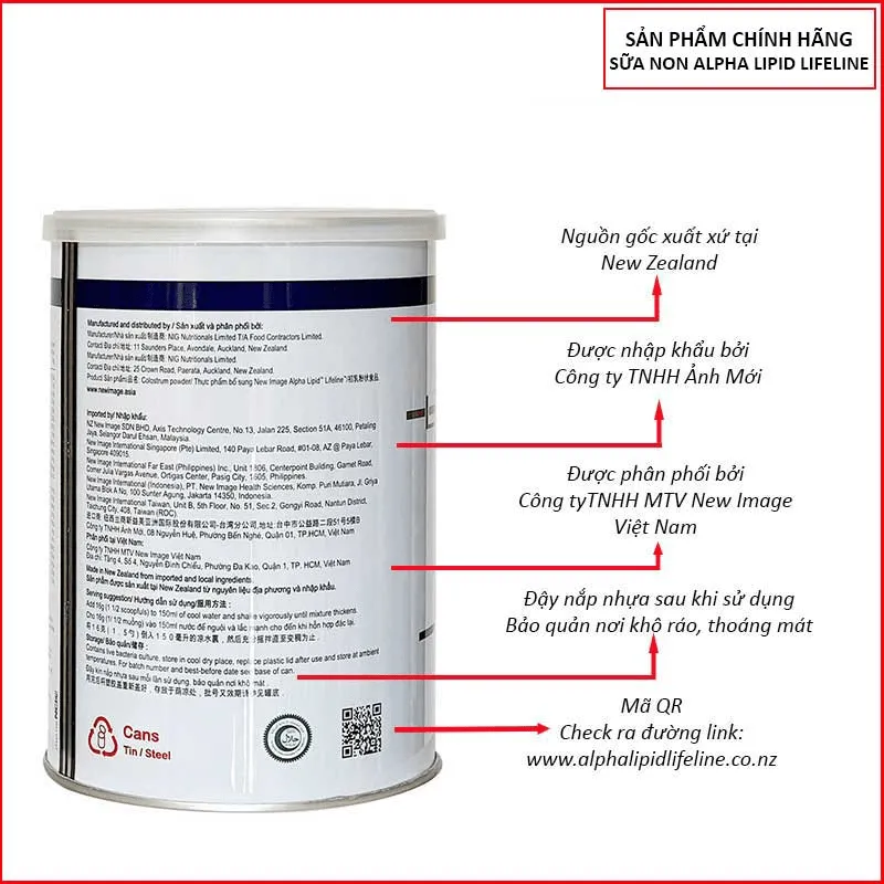 Thông tin trên nhãn hiệu bao bì mặt sau của sản phẩm sữa non alpha lipid lifeline