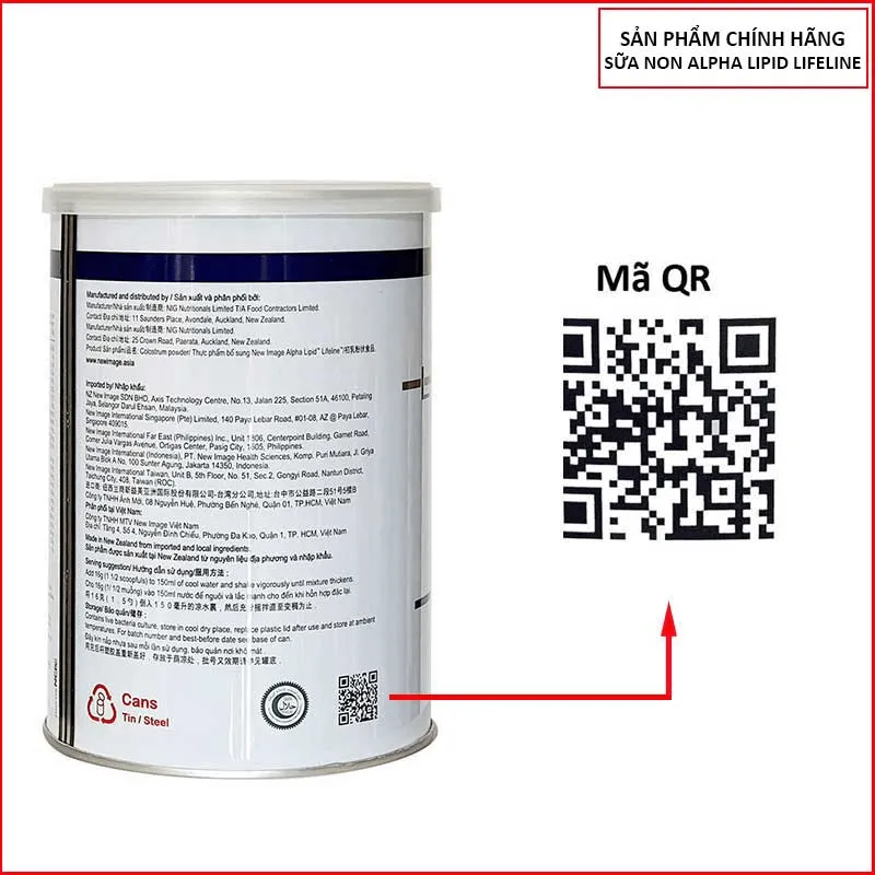 Mã Quét QR phía mặt sau sản phẩm sữa non alpha lipid lifeline chính hãng