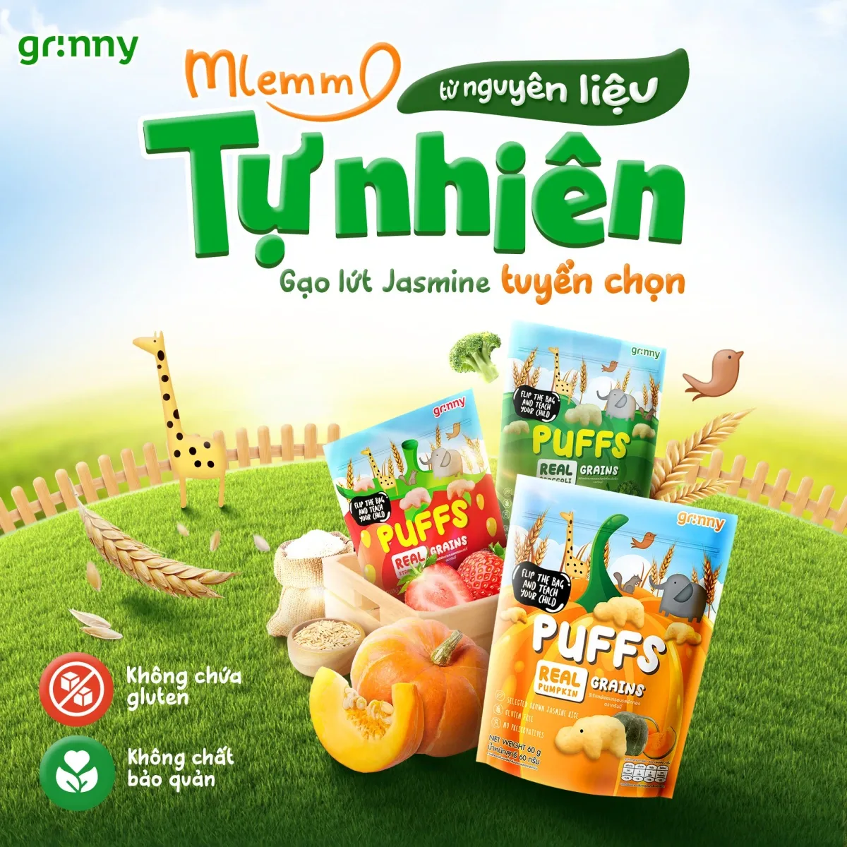 Hộp bánh ăn dặm Grinny Puffs hình thú vị bí ngô, sản phẩm hữu cơ từ Thái Lan
