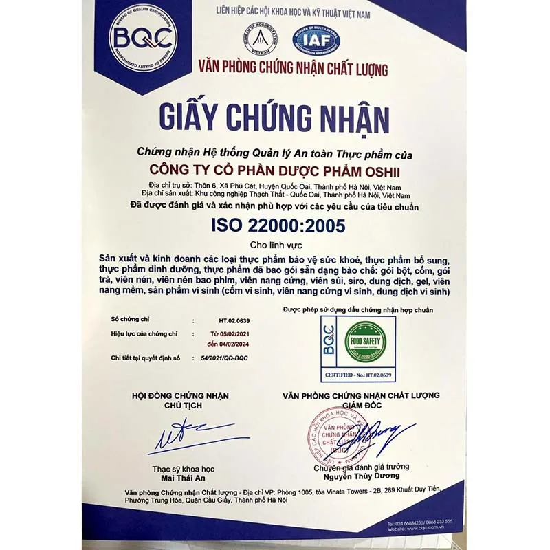 Giấy chứng nhận ISO 22000:2005 cho quy trình sản xuất của Lợi sữa MonMom.