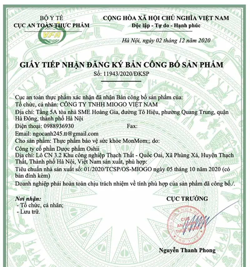 Giấy tiếp nhận đăng ký công bố sản phẩm của Lợi sữa MonMom từ Bộ Y tế.