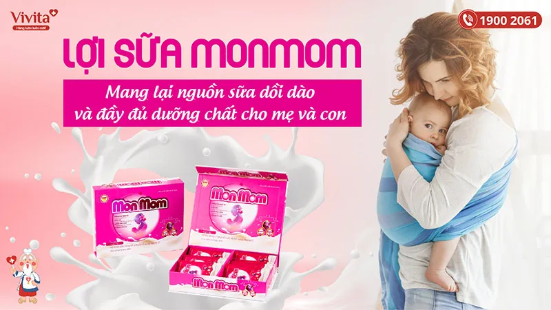 Hộp sản phẩm lợi sữa MonMom với thiết kế bao bì thân thiện, giúp mẹ sau sinh có nguồn sữa dồi dào.