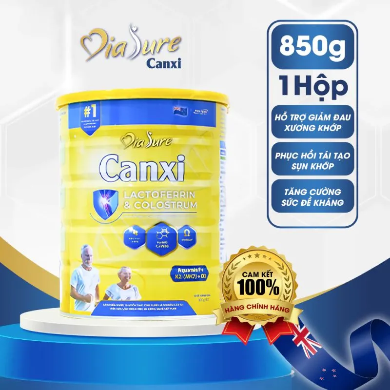 Hộp sữa Diasure Canxi màu trắng xanh, biểu tượng cho xương khớp chắc khỏe.