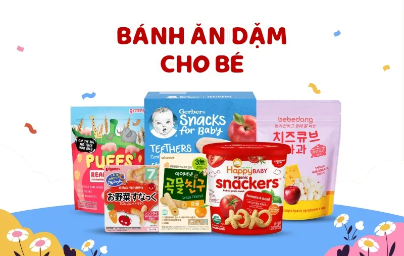 Các loại bánh ăn dặm cho bé với nhiều hình dáng và hương vị khác nhau được trưng bày đẹp mắt