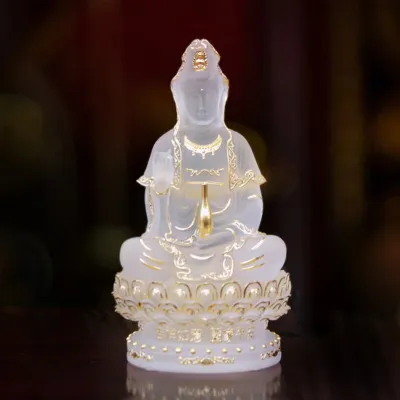 Tượng Phật Bà Quan Âm ngồi bằng lưu ly màu trắng, cao 22cm