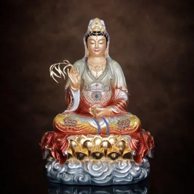 Tượng Quan Âm Bồ Tát cổ đồng ánh kim tọa vân cao cấp, cao 40-48cm