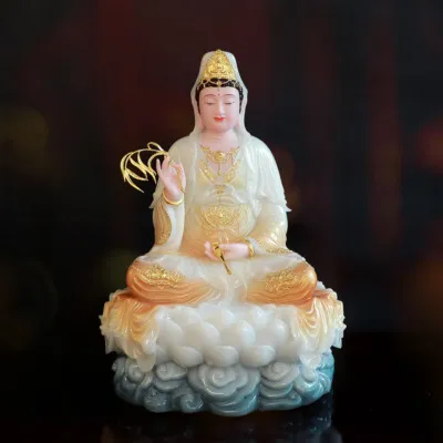 Tượng Quan Âm Bồ Tát ngồi trên đế cổ văn, làm từ bột đá sơn phú quý, cao 40-128cm