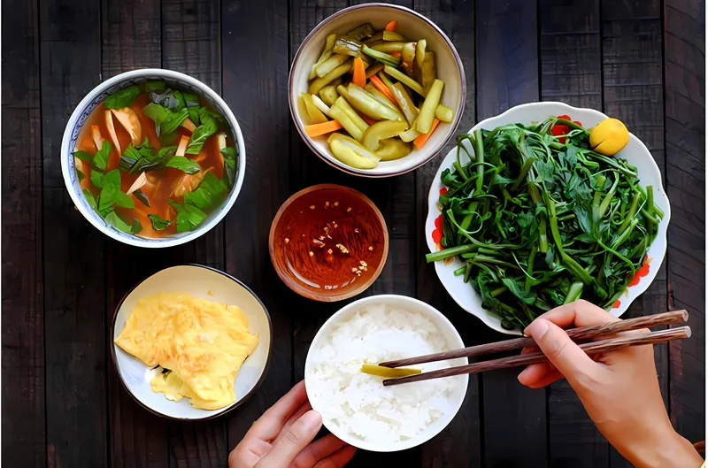 Bữa ăn cân đối với cơm, thịt và rau xanh giúp duy trì năng lượng và vóc dáng
