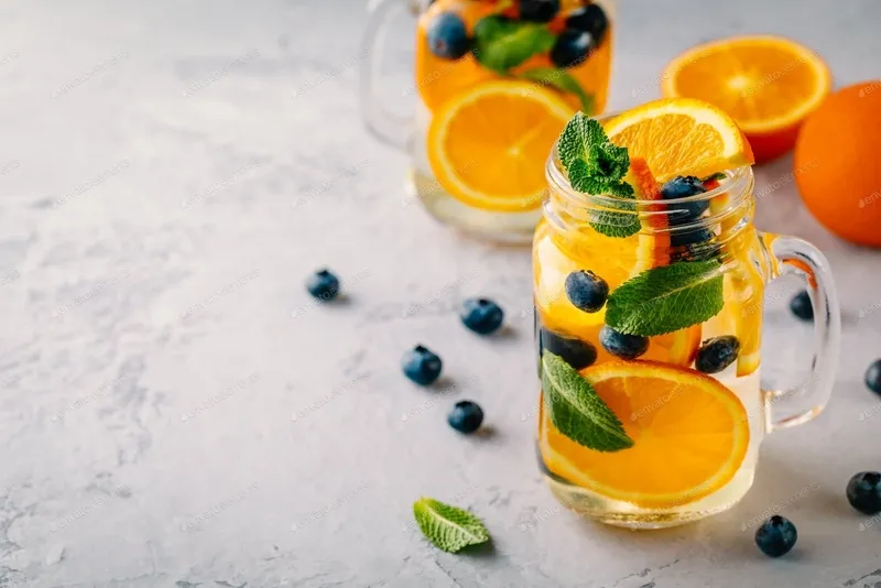 Nước detox cam với lát cam, dưa chuột và lá bạc hà trong ly thủy tinh.