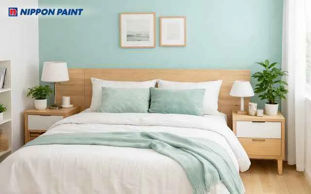 Phối màu xanh ngọc và trắng mang lại sự tươi mới, dịu mát, giúp ngủ ngon và sâu giấc hơn