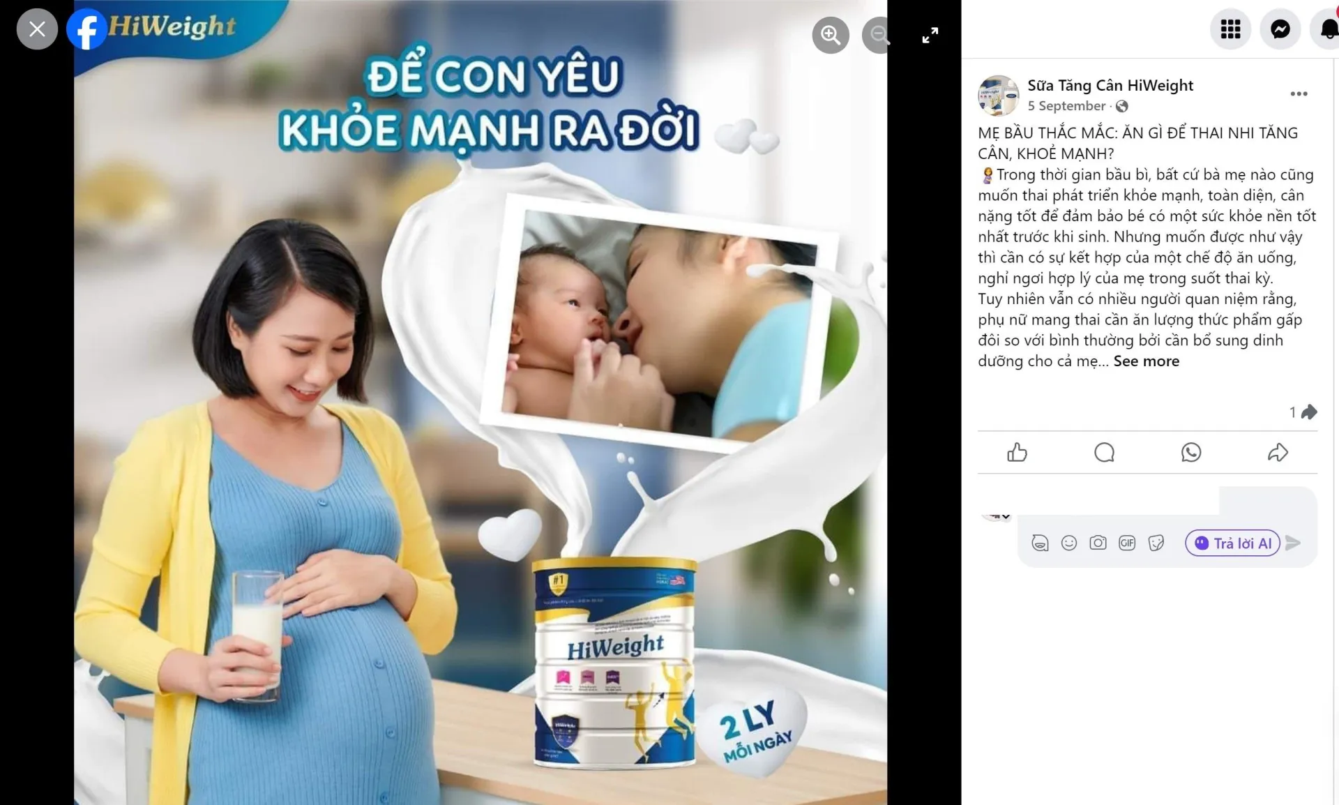 Quảng cáo sữa tăng cân Hiweight trên mạng xã hội