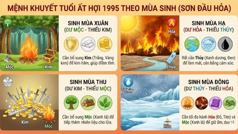 Bảng phân tích mệnh khuyết và màu sắc bổ trợ theo mùa sinh của Ất Hợi 1995