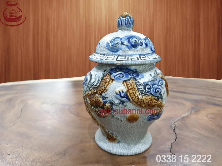 Chóe thờ đựng gạo, muôi, nước gốm sứ men rạn Bát Tràng