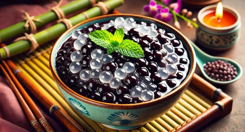 Các nguyên liệu đậu đen, đường, dừa khô và nước cốt dừa được bày trên bàn