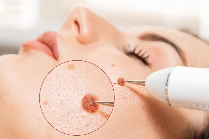 Vảy nốt ruồi sau tẩy đang khô lại trên da, minh họa thời gian bong vảy