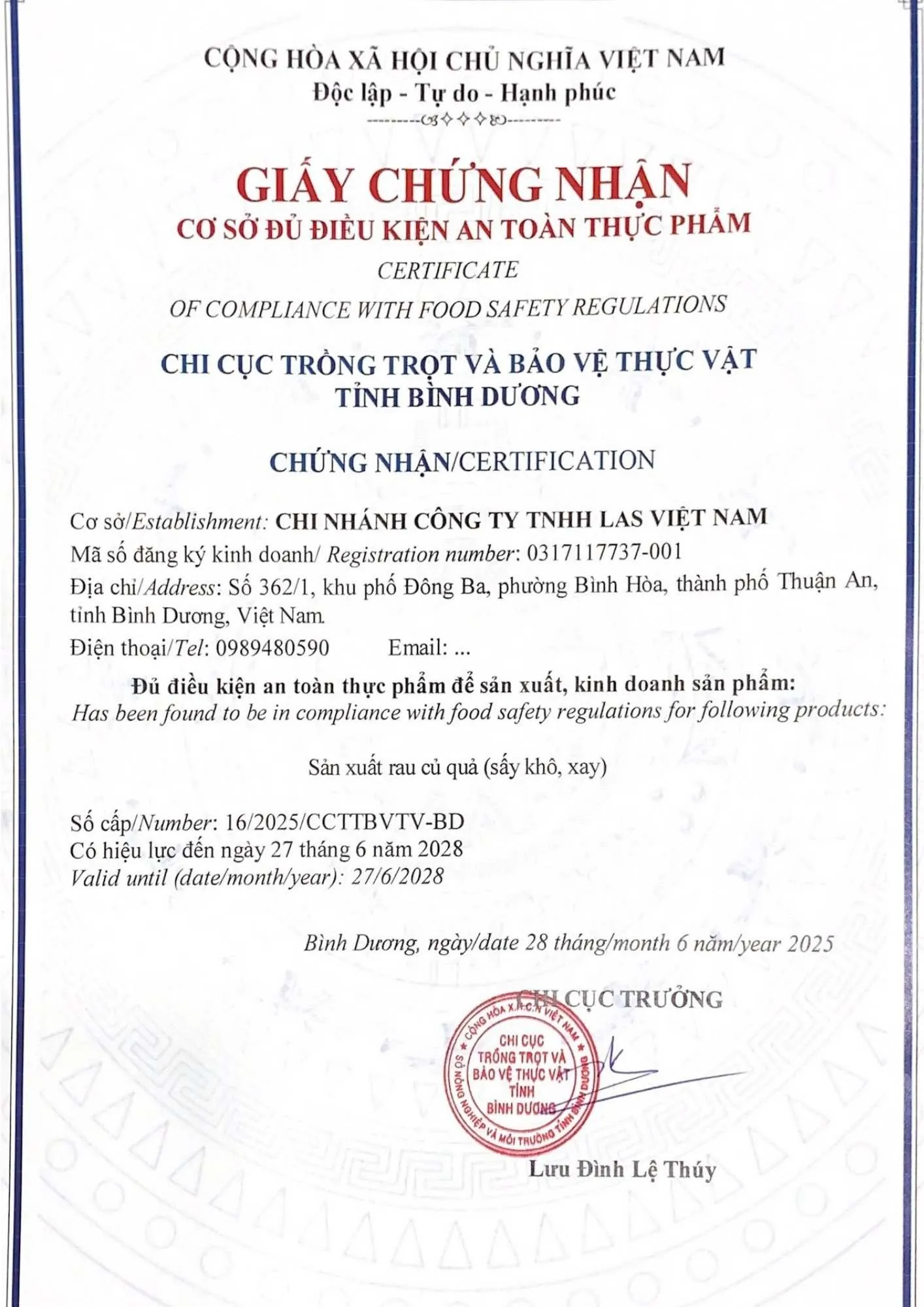 Giấy chứng nhận an toàn vệ sinh thực phẩm của LAS Việt Nam