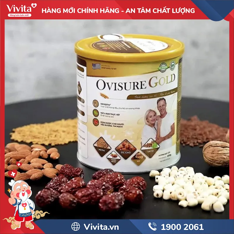 Hộp sữa hạt Ovisure Gold màu vàng xanh nổi bật trên nền trắng, giới thiệu sản phẩm hỗ trợ xương khớp