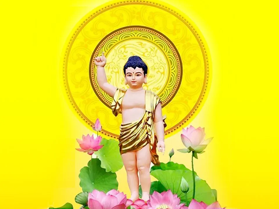 Hình ảnh Đức Phật Thích Ca lúc đản sanh trong vườn Lâm Tỳ Ni, với hào quang tỏa sáng dịu hiền, báo hiệu một bậc giác ngộ sắp xuất hiện
