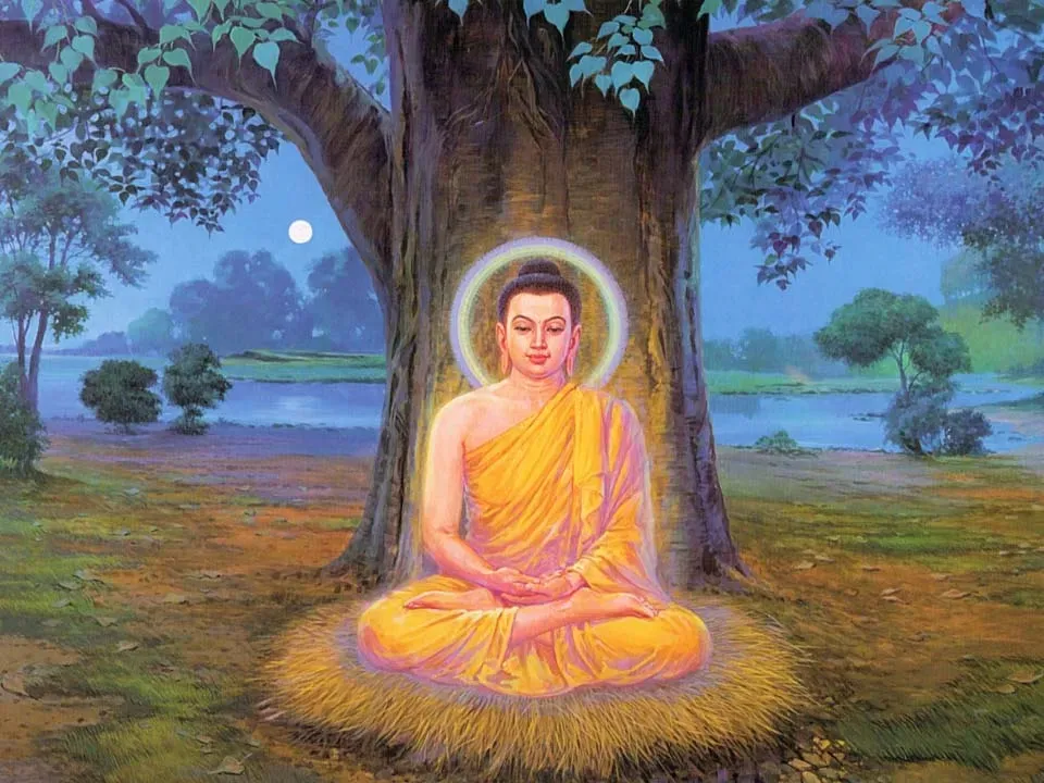 Đức Phật Thích Ca ngồi thiền dưới tán lá cây bồ đề xanh mát, ánh sáng nhẹ nhàng chiếu rọi, tượng trưng cho khoảnh khắc Ngài đạt đến giác ngộ tối thượng