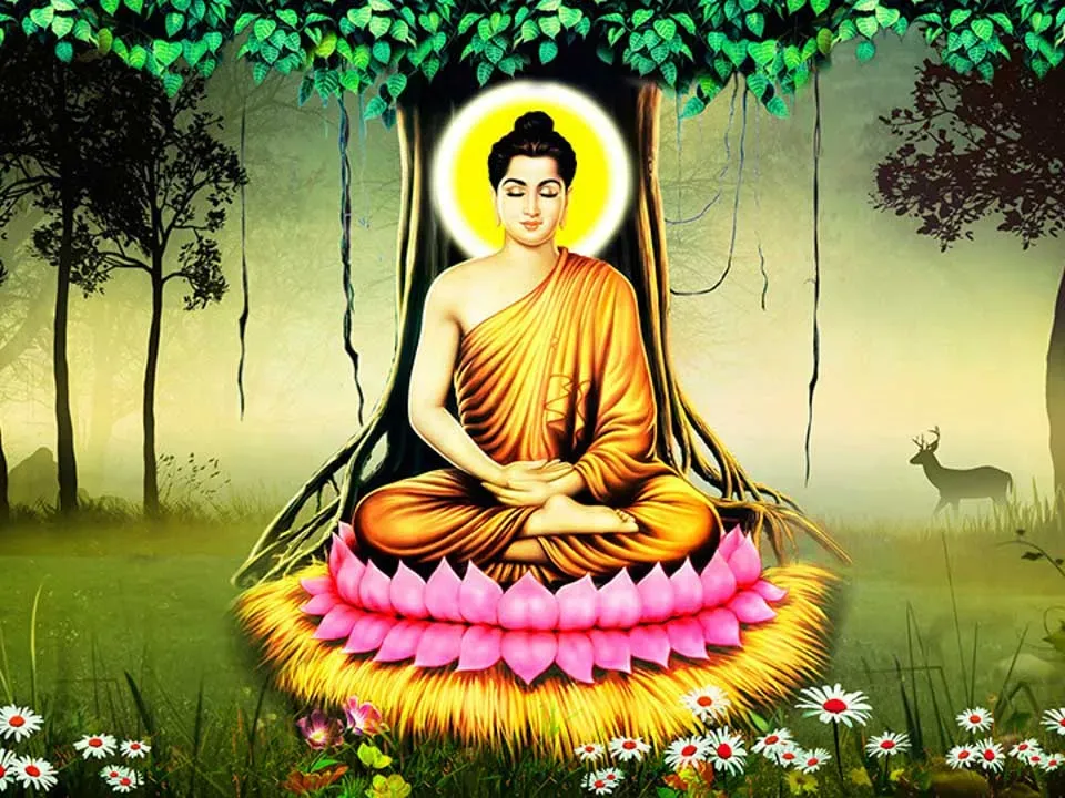 Đức Phật Thích Ca ngồi thiền định trên đài sen nở rộ, tỏa ra ánh sáng từ bi và sự thanh tịnh tuyệt đối, biểu trưng cho trí tuệ vượt thoát mọi ràng buộc