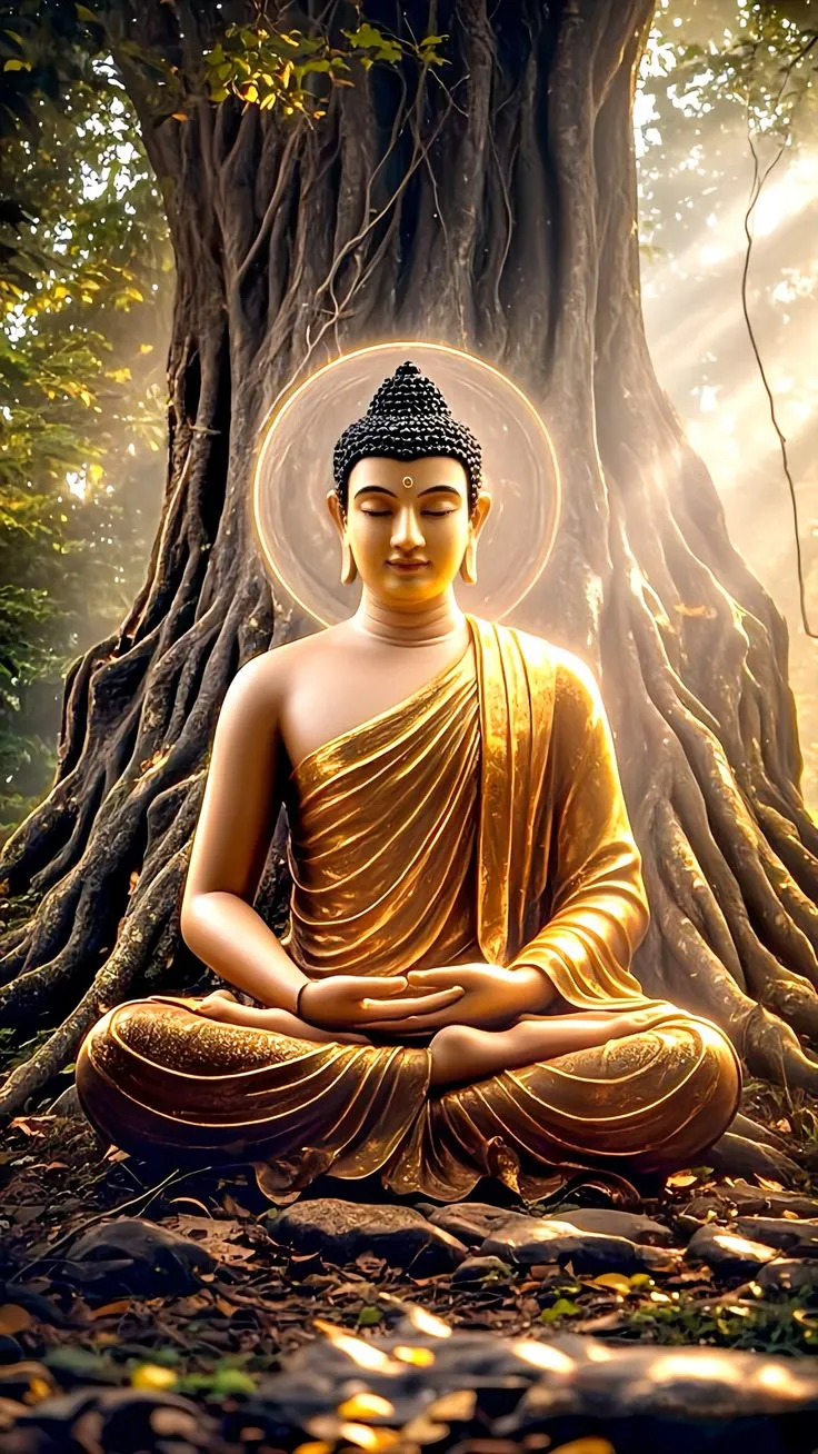 Hình ảnh Đức Phật ngồi thiền dưới bóng cây Bồ Đề, toát lên vẻ thanh tịnh và an nhiên