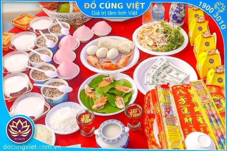 Các lễ vật cần thiết trên mâm cúng đất đai, bao gồm xôi, gà, trái cây, nhang đèn