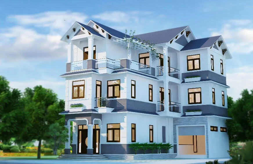 Ngôi nhà hiện đại với màu sơn xanh và trắng, phù hợp với người mệnh Giản Hạ Thủy