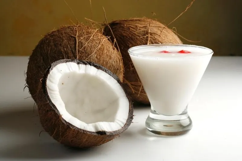 Một ly nước cốt dừa tươi ngon với những quả dừa tươi xanh xung quanh