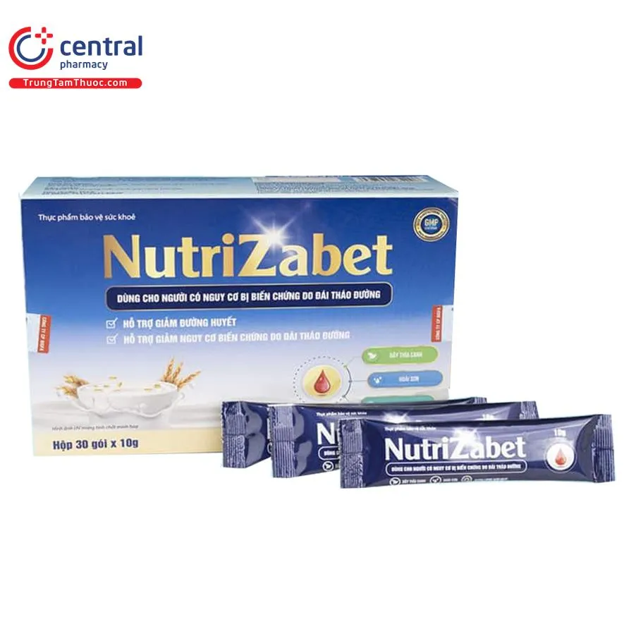 Hình ảnh bao bì hộp sữa Nutrizabet với các thành phần chính được làm nổi bật
