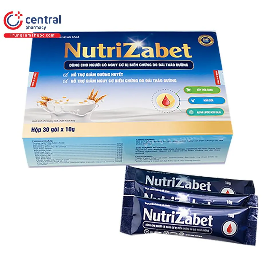 Hộp sữa Nutrizabet được mở ra, để lộ các gói sữa nhỏ bên trong