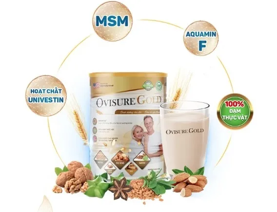 Hình ảnh vỏ hộp sữa hạt Ovisure Gold với thông tin nhà sản xuất và địa chỉ Bonita Nature.