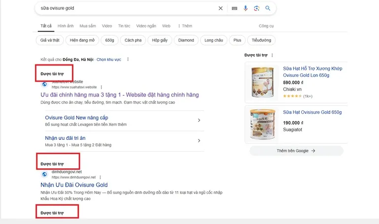 Nhiều trang web bán sữa Ovisure Gold quảng cáo trên Google