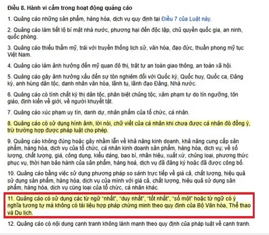Luật quảng cáo cấm sử dụng các từ ngữ "nhất", "duy nhất", "tốt nhất"