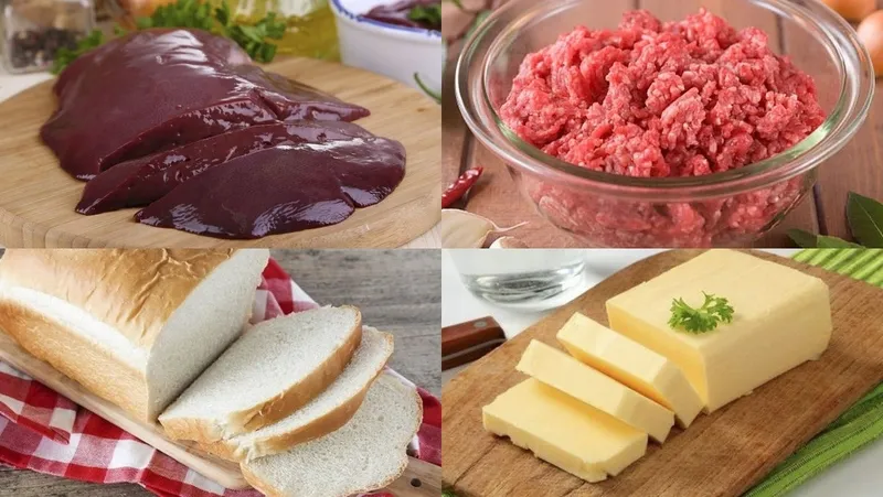 Các nguyên liệu tươi ngon để tự làm pate tại nhà, bao gồm gan heo, hành tây, tỏi và trứng