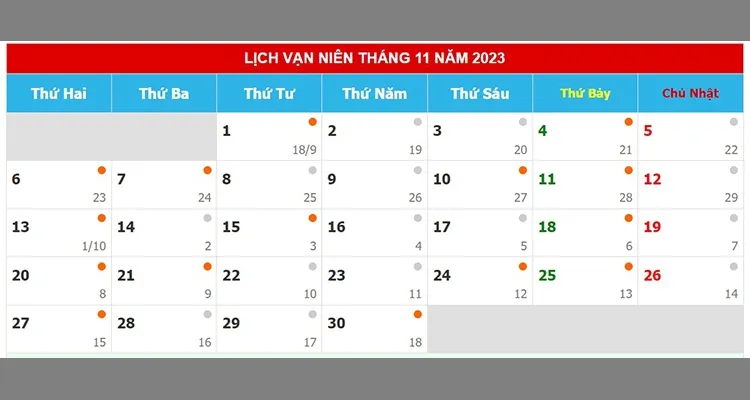 Lịch Âm tháng 11 với các ngày được đánh dấu