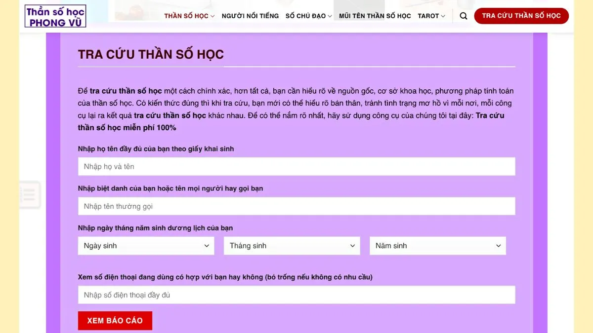 Website tra cứu thần số học Phong Vũ