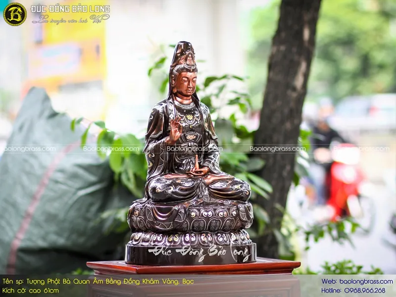 Tượng Quan Thế Âm Bồ Tát bằng đồng khảm vàng bạc 61cm