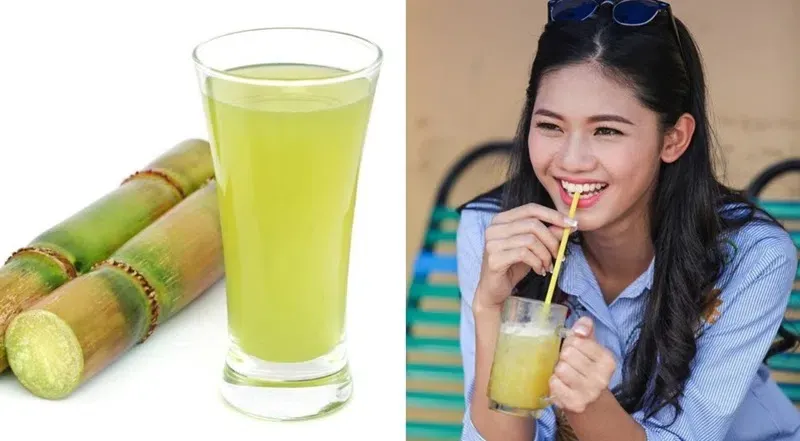 Người đang cầm ly nước mía tươi với cây mía bên cạnh, nhắc nhở về những lưu ý khi uống nước mía để kiểm soát cân nặng
