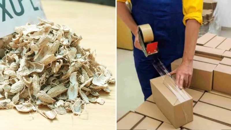 Vỏ đậu phộng khô được sử dụng làm vật liệu đệm lót hàng hóa, thay thế xốp